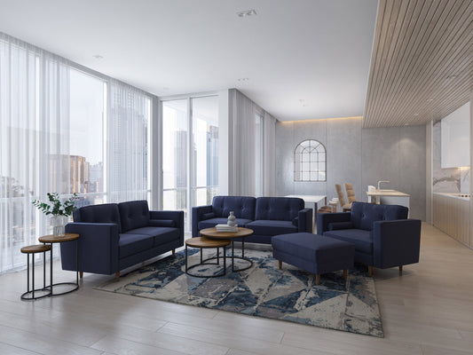 Navy blue 4-piece living room sofa set with plush cushions, sleek wooden legs, and soft fabric upholstery, featuring a modern design perfect for contemporary home decor and comfortable seating.