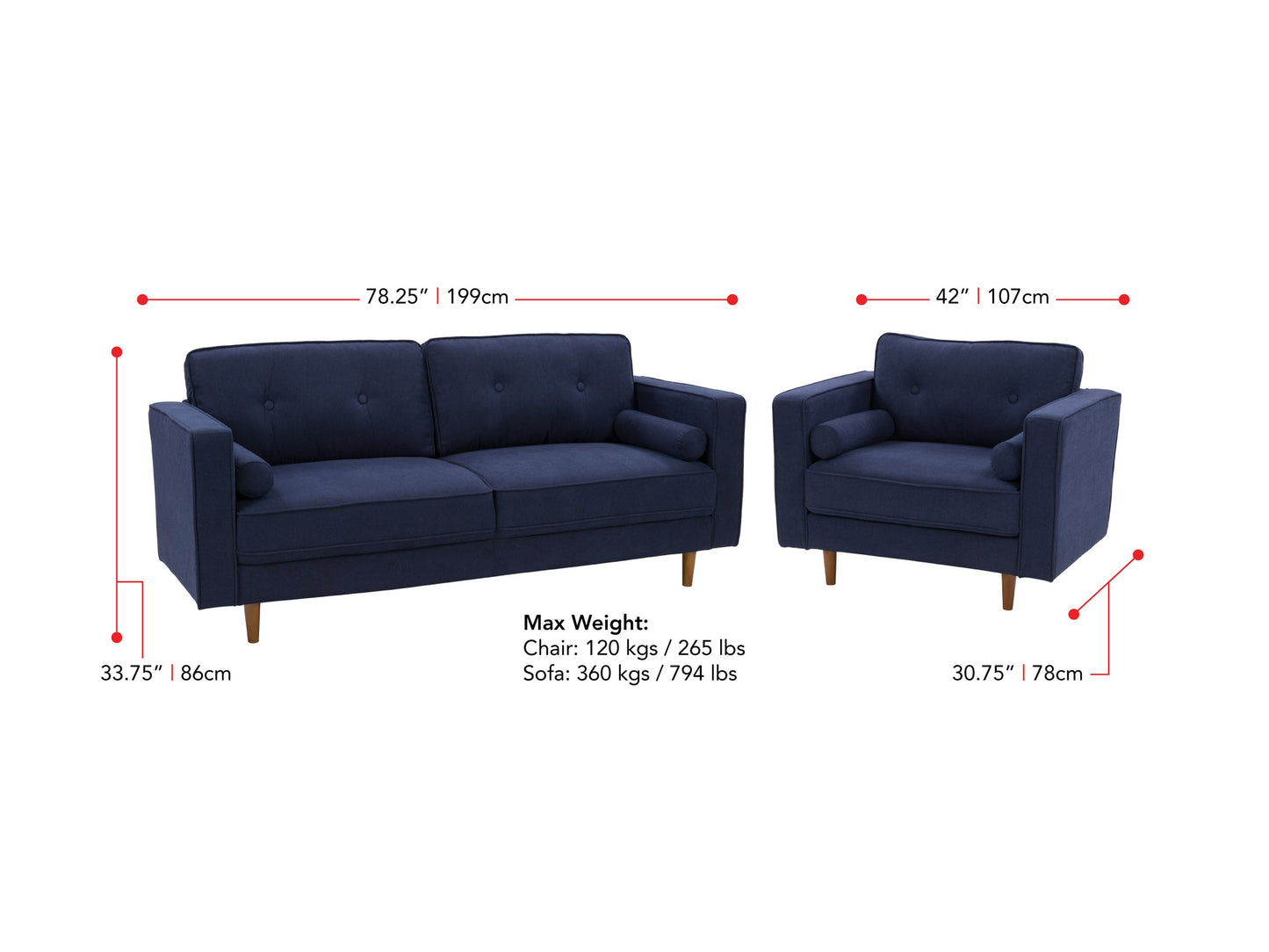 Navy blue sofa and chair set with plush cushions, wooden legs, and soft velvet upholstery, ideal for modern living rooms.