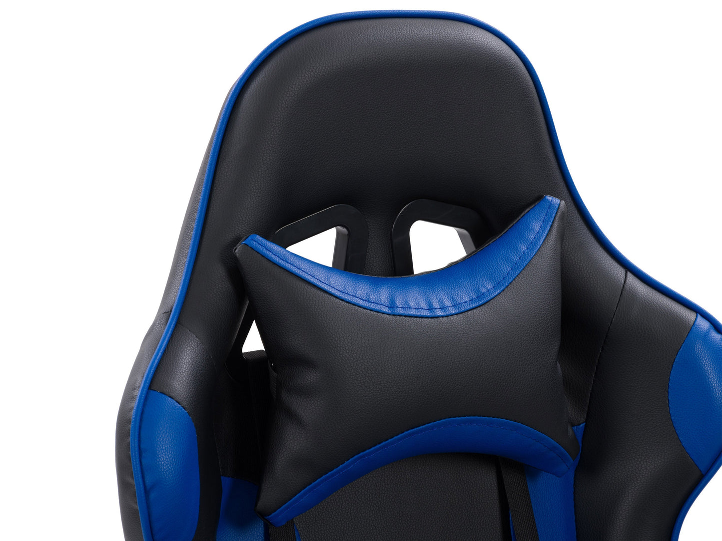 Black and blue reclining gaming chair with ergonomic design, padded armrests, adjustable headrest, lumbar support, and smooth leather finish. Ideal for gamers seeking comfort and style.