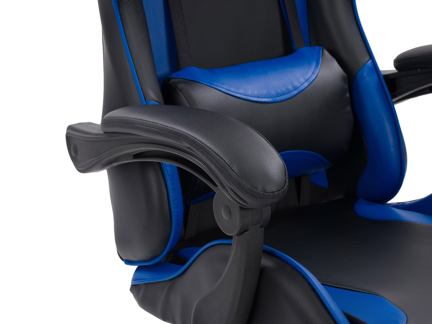 Black and blue reclining gaming chair with ergonomic design, padded armrests, adjustable headrest, lumbar support, and smooth leather finish. Ideal for gamers seeking comfort and style.