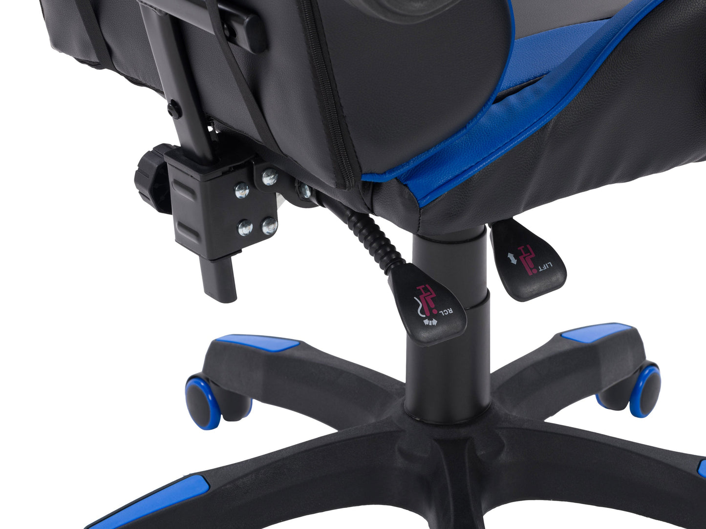 Black and blue reclining gaming chair with ergonomic design, padded armrests, adjustable headrest, lumbar support, and smooth leather finish. Ideal for gamers seeking comfort and style.