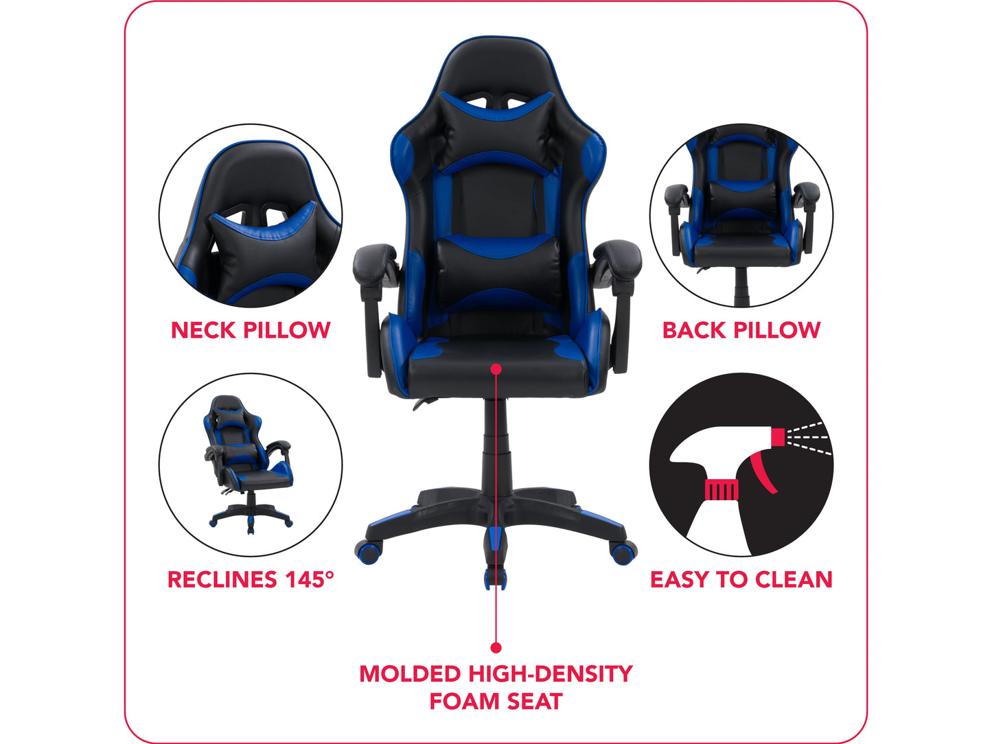 Black and blue reclining gaming chair with ergonomic design, padded armrests, adjustable headrest, lumbar support, and smooth leather finish. Ideal for gamers seeking comfort and style.
