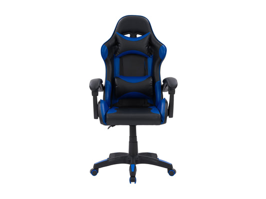 Black and blue reclining gaming chair with ergonomic design, padded armrests, adjustable headrest, lumbar support, and smooth leather finish. Ideal for gamers seeking comfort and style.