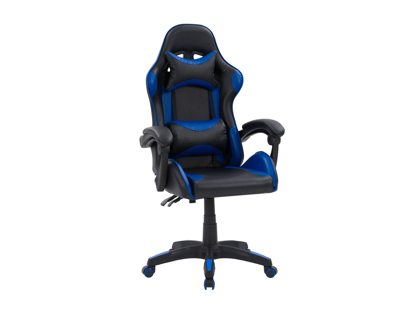 Black and blue reclining gaming chair with ergonomic design, padded armrests, adjustable headrest, lumbar support, and smooth leather finish. Ideal for gamers seeking comfort and style.