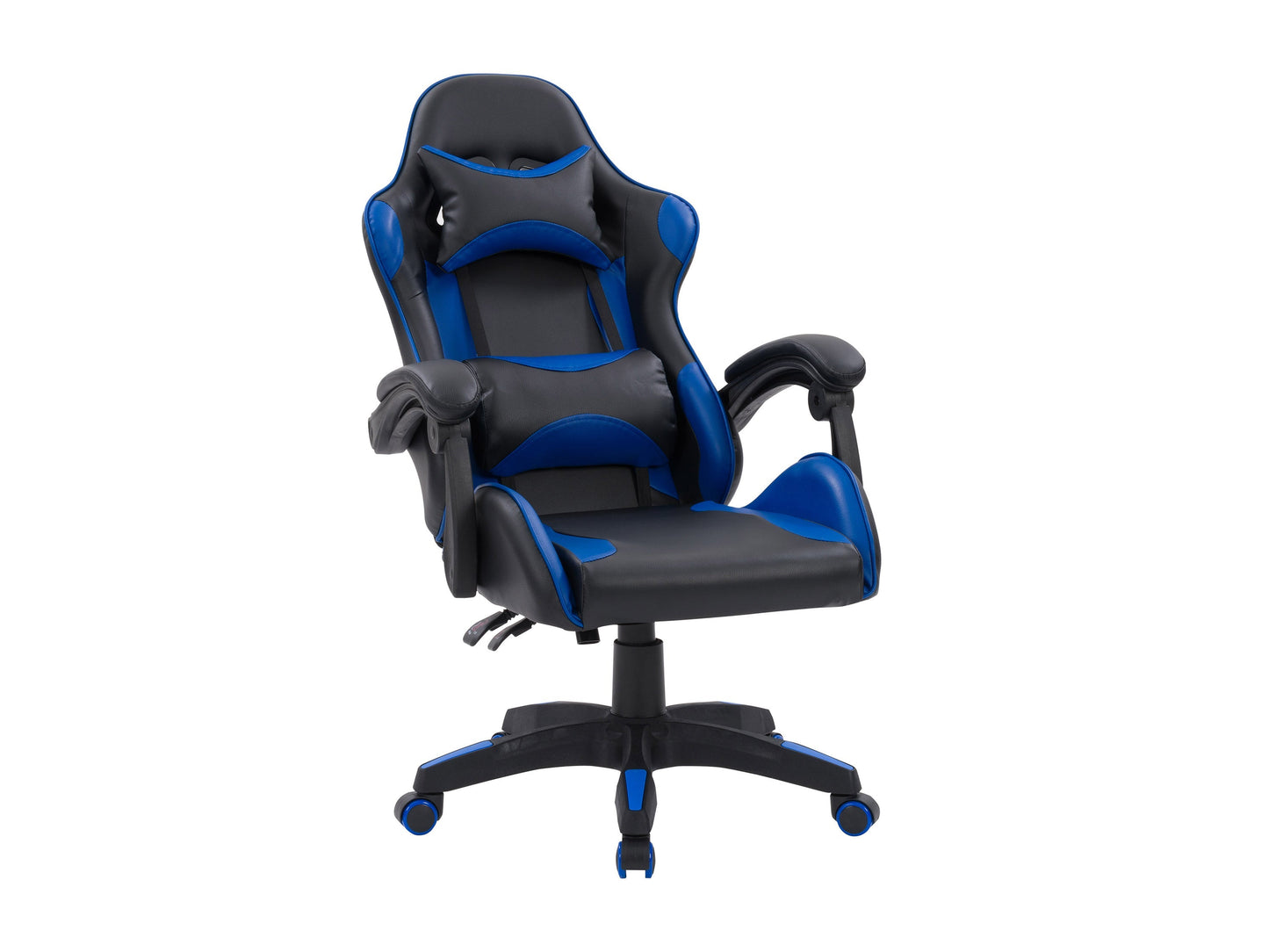 Black and blue reclining gaming chair with ergonomic design, padded armrests, adjustable headrest, lumbar support, and smooth leather finish. Ideal for gamers seeking comfort and style.