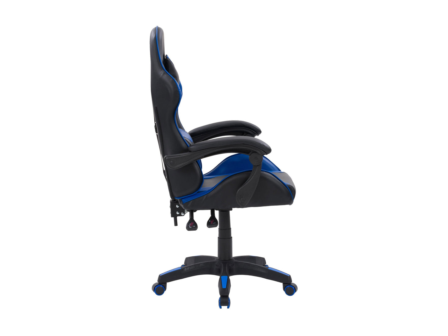 Black and blue reclining gaming chair with ergonomic design, padded armrests, adjustable headrest, lumbar support, and smooth leather finish. Ideal for gamers seeking comfort and style.