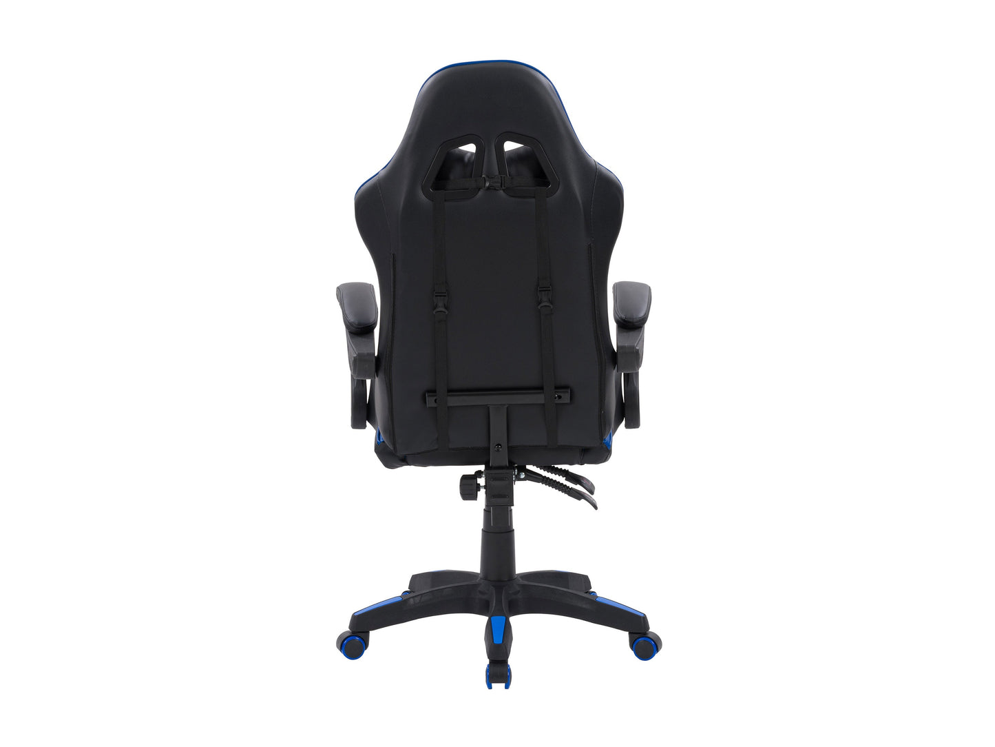 Black and blue reclining gaming chair with ergonomic design, padded armrests, adjustable headrest, lumbar support, and smooth leather finish. Ideal for gamers seeking comfort and style.