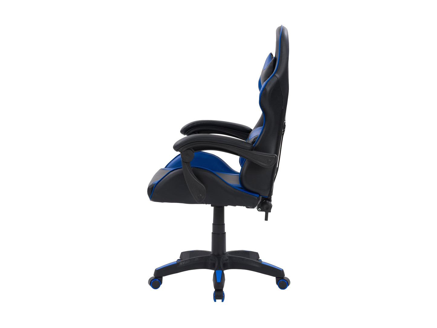 Black and blue reclining gaming chair with ergonomic design, padded armrests, adjustable headrest, lumbar support, and smooth leather finish. Ideal for gamers seeking comfort and style.