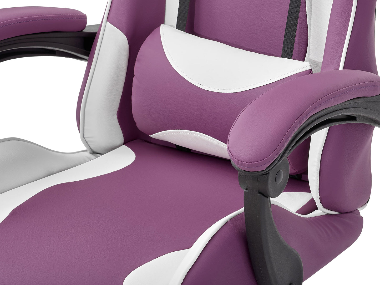 Purple and white reclining gaming chair with ergonomic design, adjustable armrests, high-density foam padding, and lumbar support pillow. Ideal for gamers seeking comfort and style in their gaming setup.
