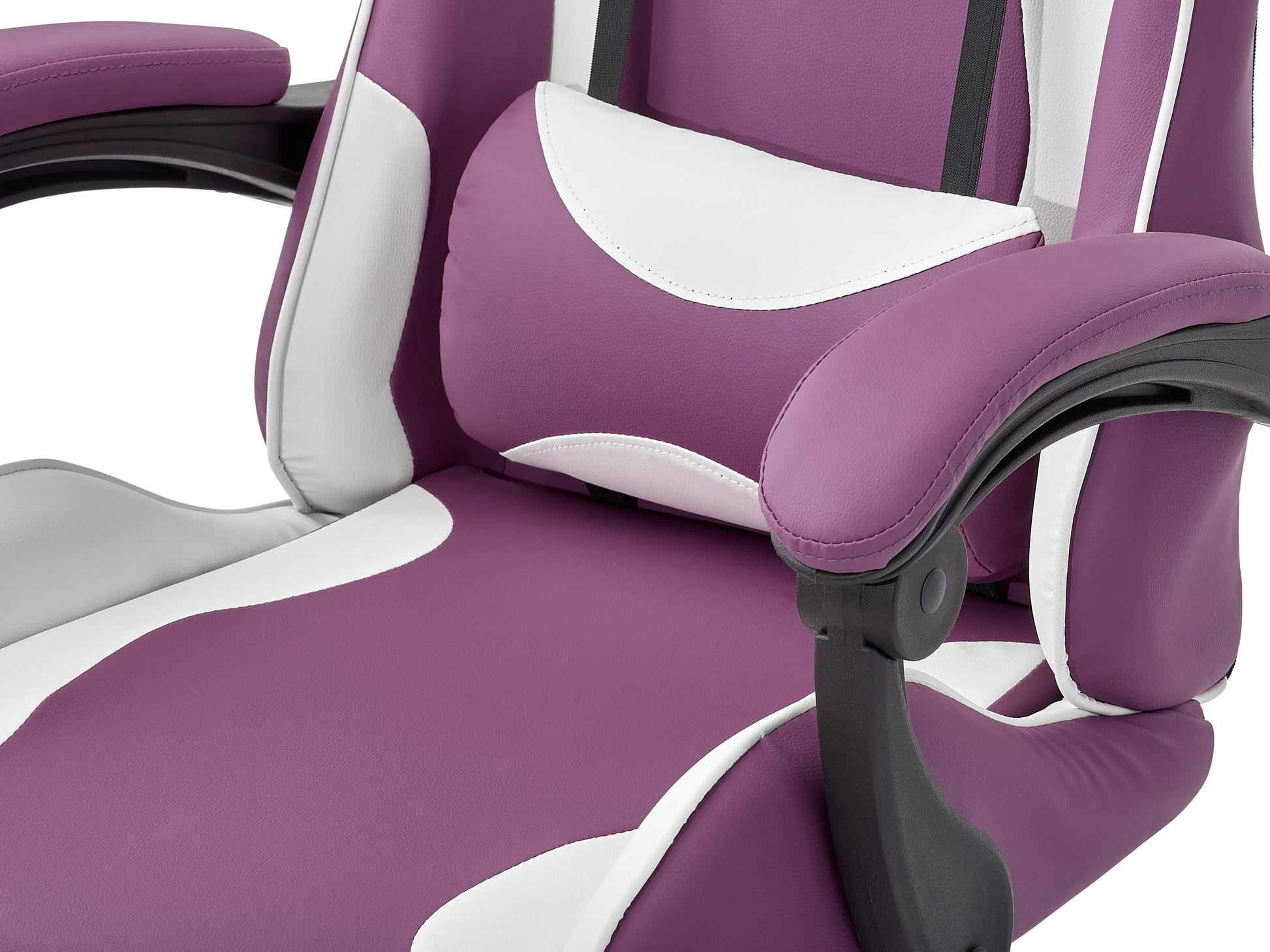 Purple and white reclining gaming chair with ergonomic design, adjustable armrests, high-density foam padding, and lumbar support pillow. Ideal for gamers seeking comfort and style in their gaming setup.