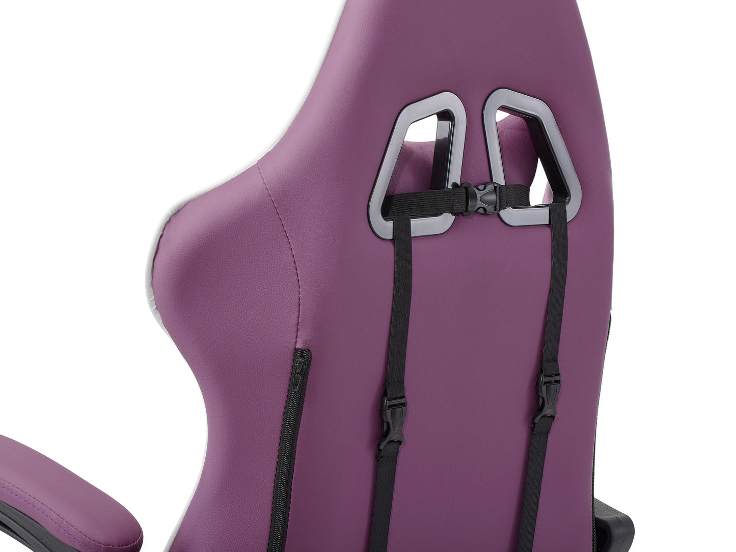 Purple and white reclining gaming chair with ergonomic design, adjustable armrests, high-density foam padding, and lumbar support pillow. Ideal for gamers seeking comfort and style in their gaming setup.