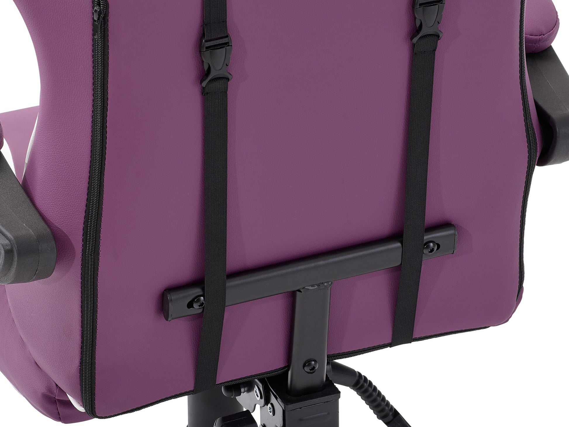 Purple and white reclining gaming chair with ergonomic design, adjustable armrests, high-density foam padding, and lumbar support pillow. Ideal for gamers seeking comfort and style in their gaming setup.