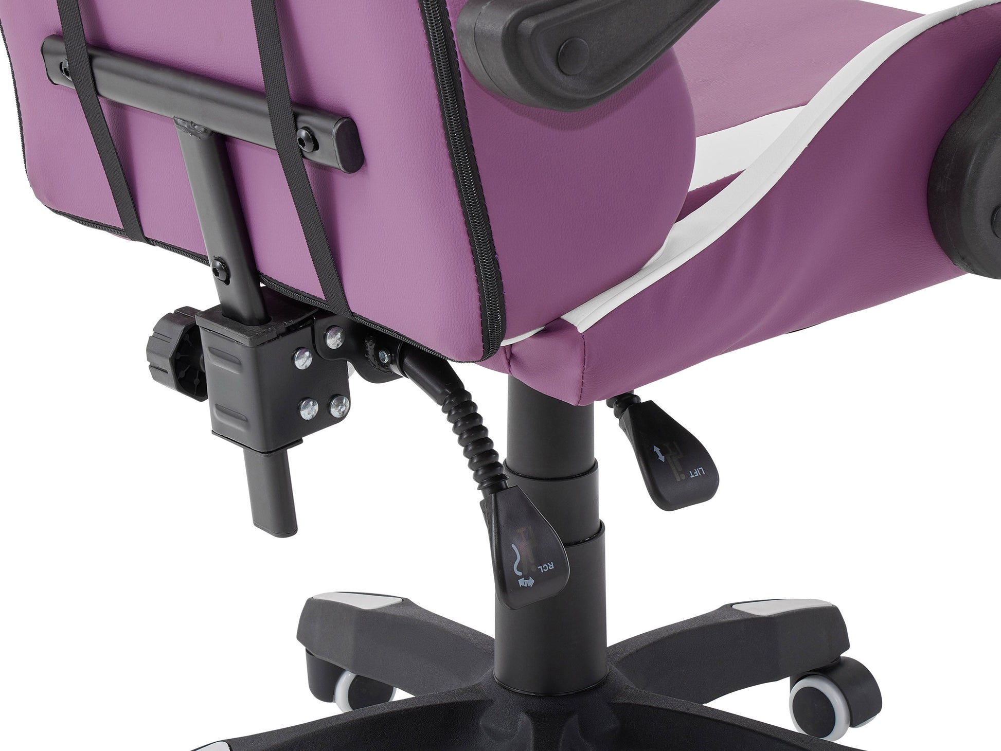 Purple and white reclining gaming chair with ergonomic design, adjustable armrests, high-density foam padding, and lumbar support pillow. Ideal for gamers seeking comfort and style in their gaming setup.