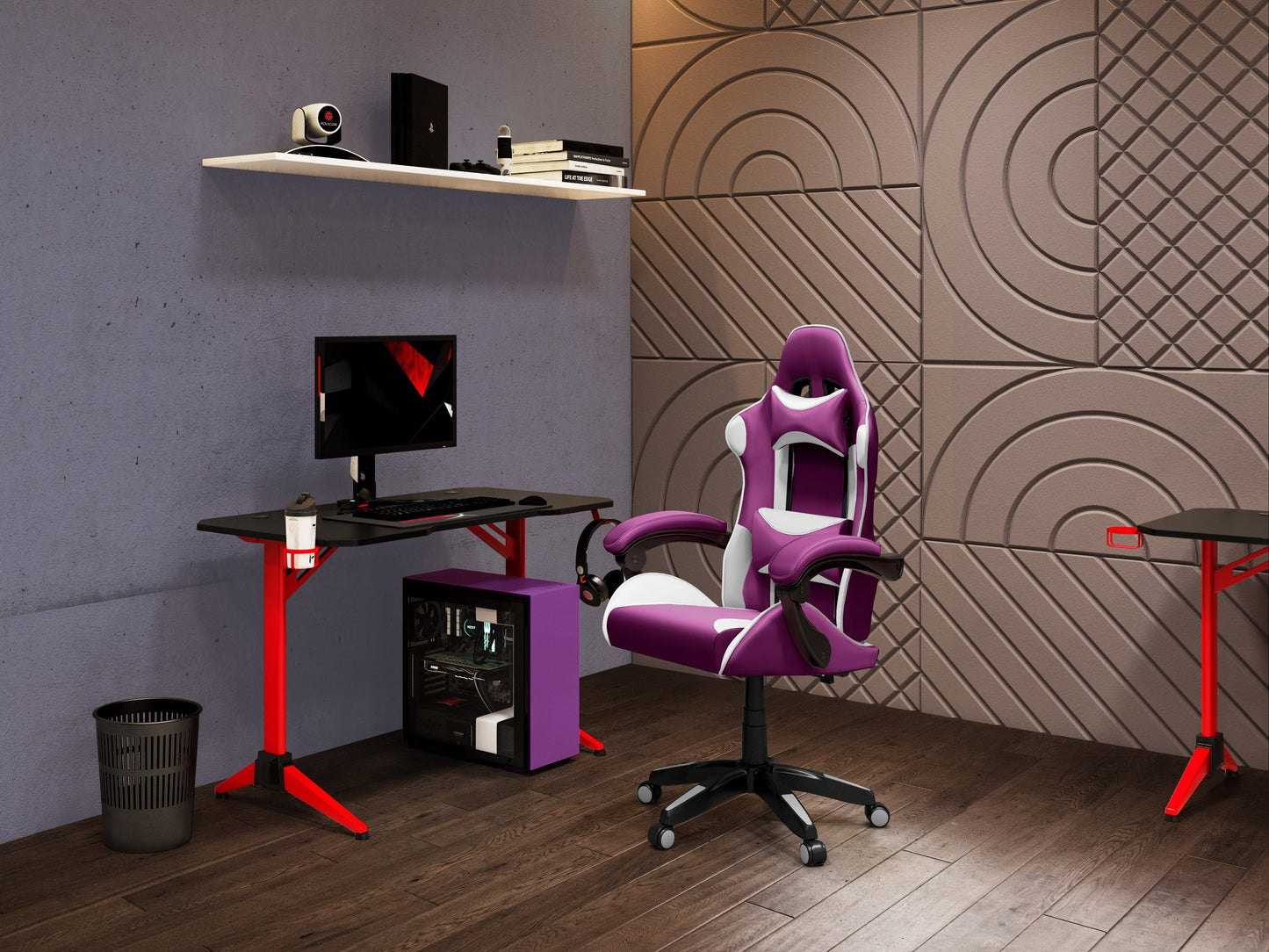 Purple and white reclining gaming chair with ergonomic design, adjustable armrests, high-density foam padding, and lumbar support pillow. Ideal for gamers seeking comfort and style in their gaming setup.