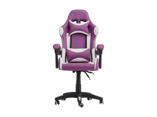 Purple and white reclining gaming chair with ergonomic design, adjustable armrests, high-density foam padding, and lumbar support pillow. Ideal for gamers seeking comfort and style in their gaming setup.