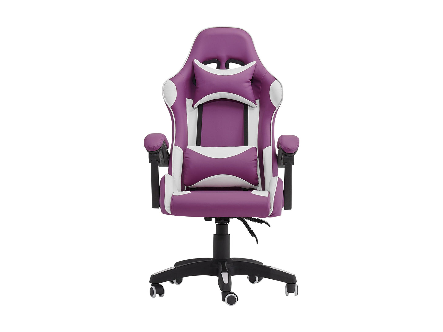 Purple and white reclining gaming chair with ergonomic design, adjustable armrests, high-density foam padding, and lumbar support pillow. Ideal for gamers seeking comfort and style in their gaming setup.