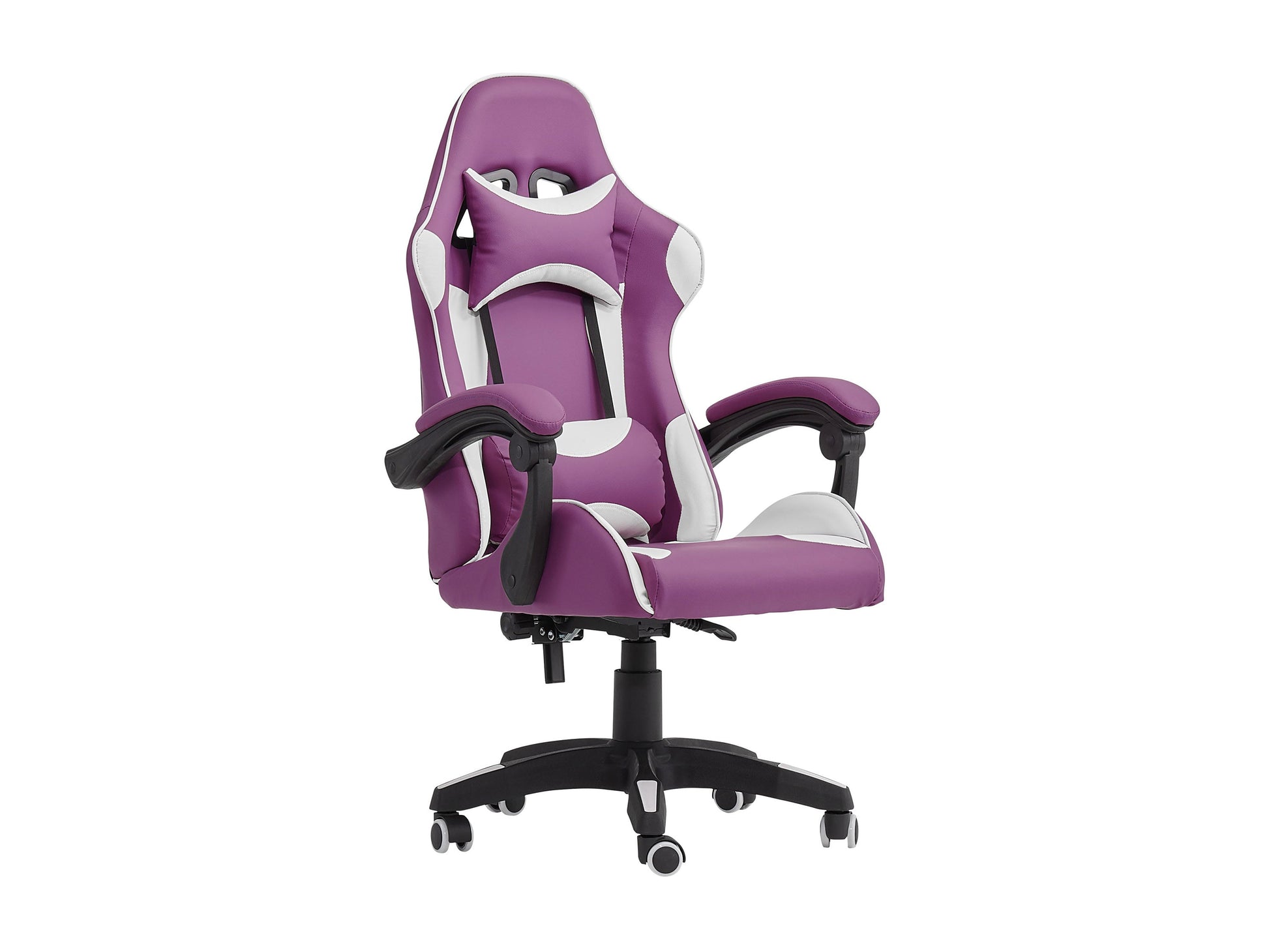 Purple and white reclining gaming chair with ergonomic design, adjustable armrests, high-density foam padding, and lumbar support pillow. Ideal for gamers seeking comfort and style in their gaming setup.