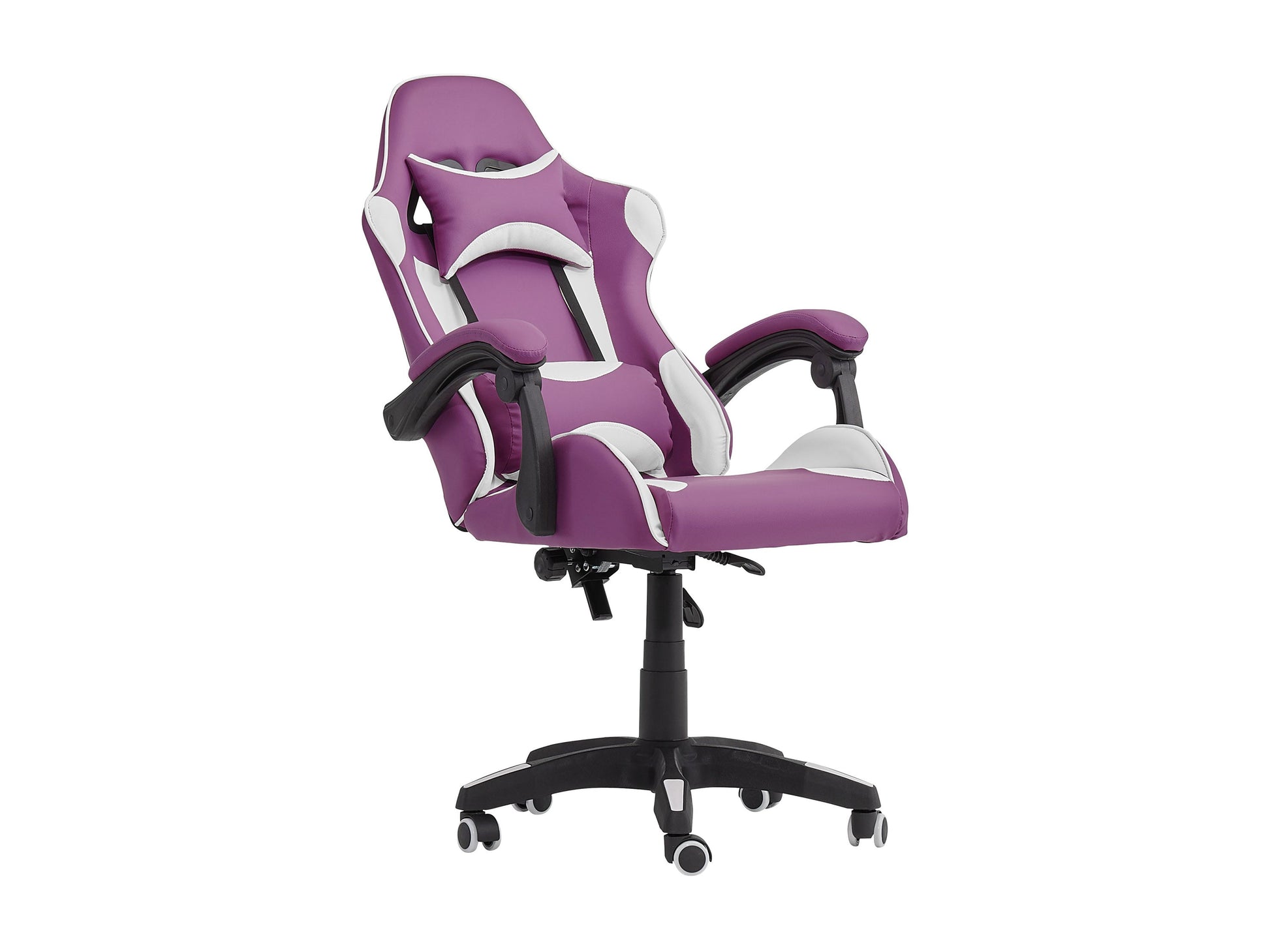 Purple and white reclining gaming chair with ergonomic design, adjustable armrests, high-density foam padding, and lumbar support pillow. Ideal for gamers seeking comfort and style in their gaming setup.