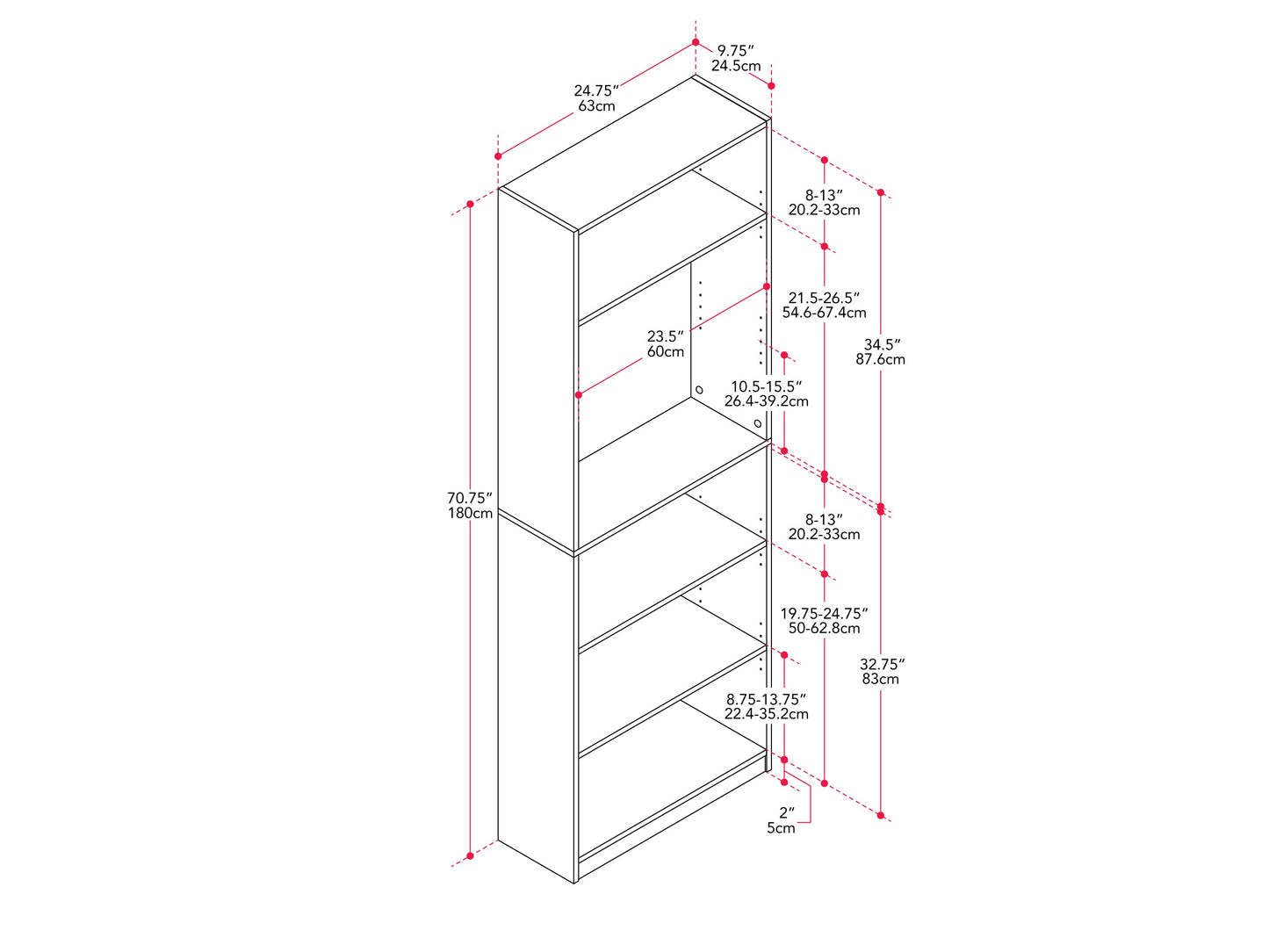 White 5-tier bookshelf with sleek, modern design, featuring sturdy wooden shelves and metal frame. Ideal for home office or living room storage, this versatile shelving unit complements contemporary decor.
