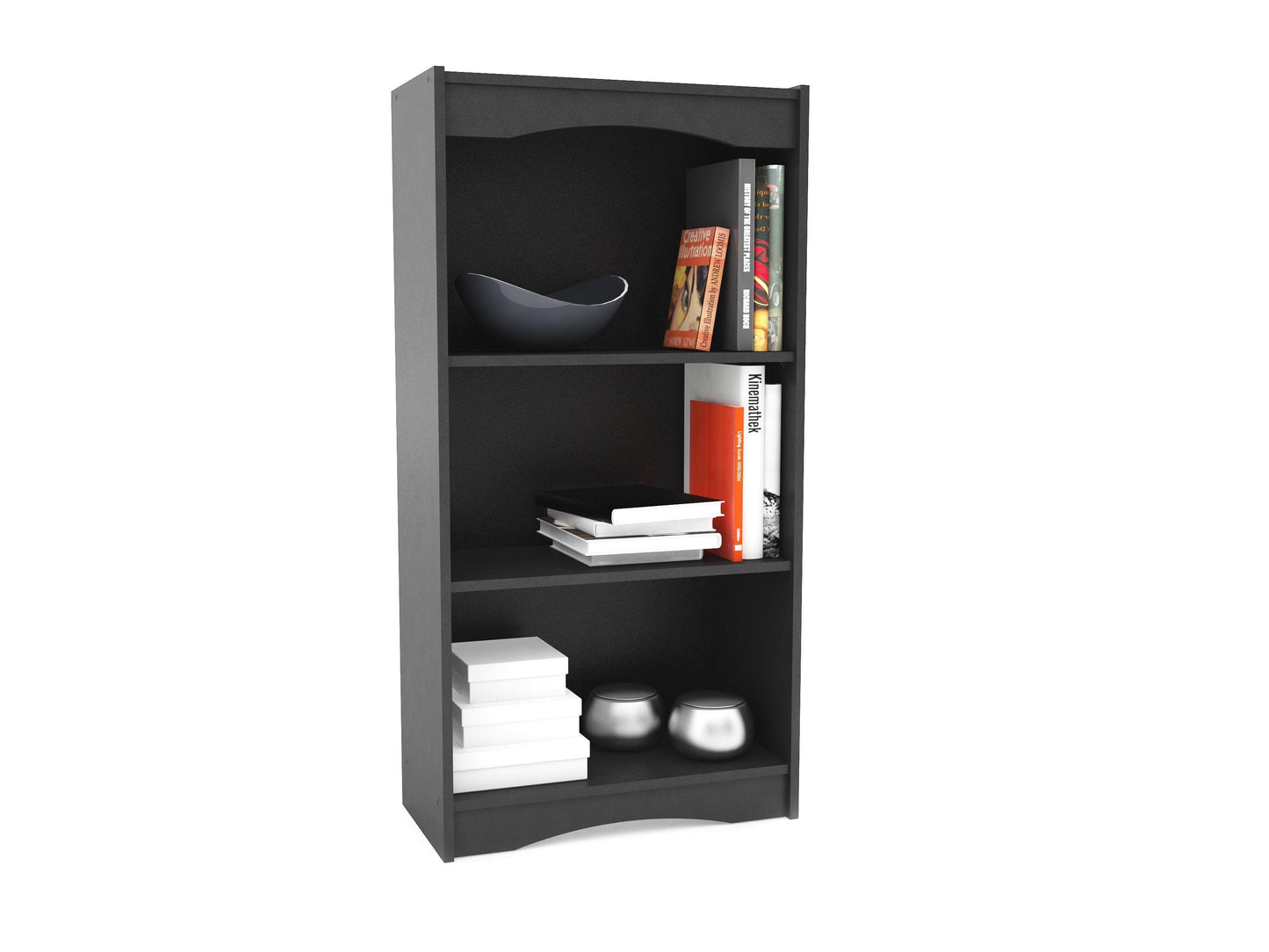 Small black bookshelf, 48 inches tall, with three shelves, sleek modern design, and minimalist aesthetic. Ideal for books, decor, and storage in living rooms, offices, or bedrooms.