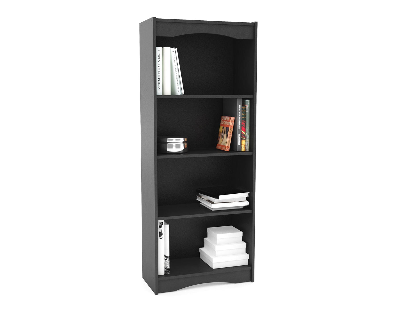 Black tall bookcase with five shelves, 60-inch height, sleek modern design, sturdy wooden construction, ideal for home or office storage and organization.