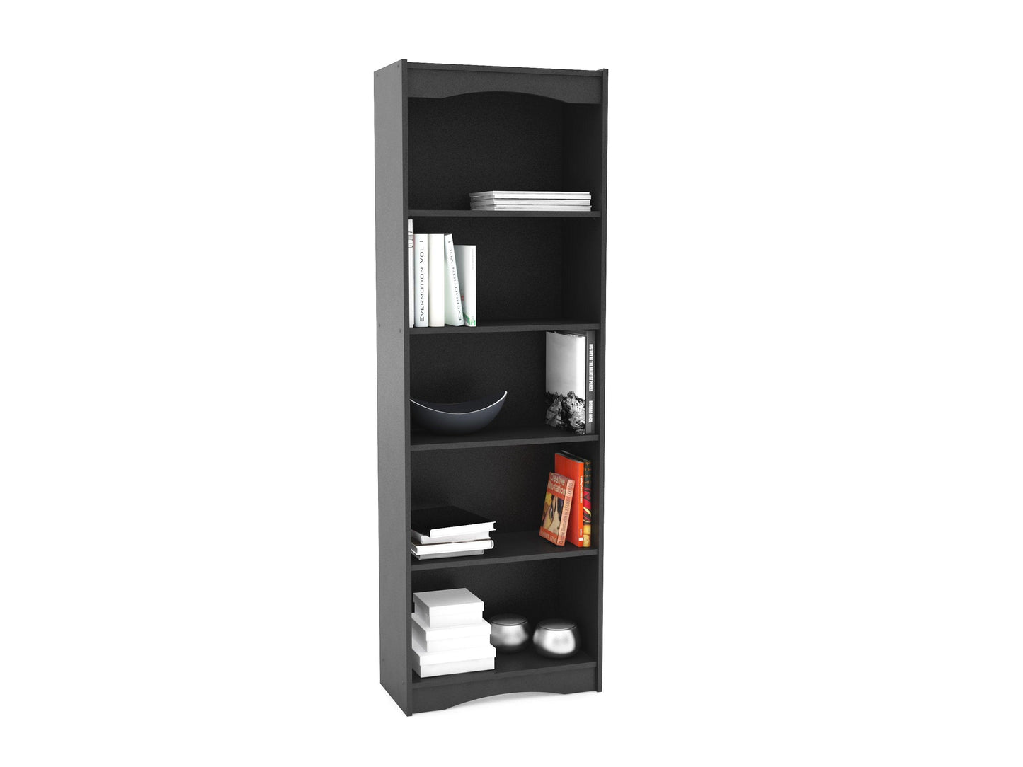Tall black 72-inch bookcase with five shelves, sleek modern design, and sturdy construction, perfect for organizing books, decor, and storage in living rooms or offices.