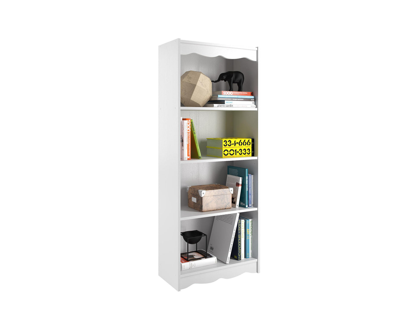 Tall white bookcase, 60 inches high, featuring five spacious shelves for ample storage, sleek modern design, durable wood construction, perfect for living rooms, home offices, or bedrooms.