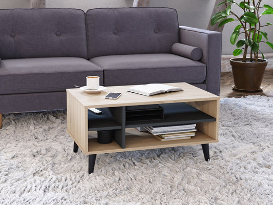 Light wood rectangle coffee table with grey storage shelves, sleek modern design, sturdy legs, and smooth finish; perfect for living room organization and contemporary decor.