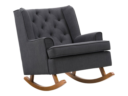 Dark grey rocking chair with wooden frame, ergonomic design, cushioned seat and backrest, and smooth rocking motion. Ideal for living rooms or nurseries, offering comfort and style with a modern touch.