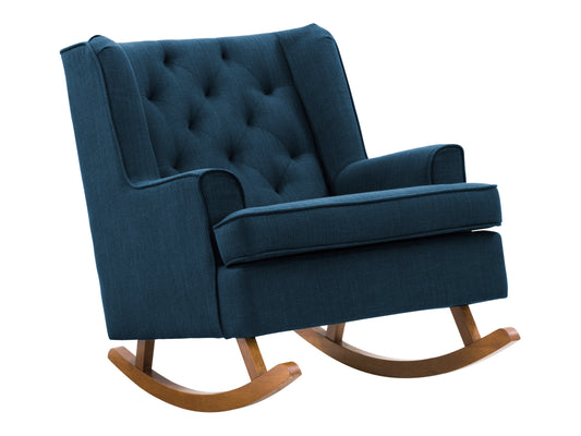 Blue wooden rocking chair with curved armrests, slatted backrest, and cushioned seat. Ideal for living rooms and nurseries. Classic design with a smooth finish, perfect for relaxation and home decor.