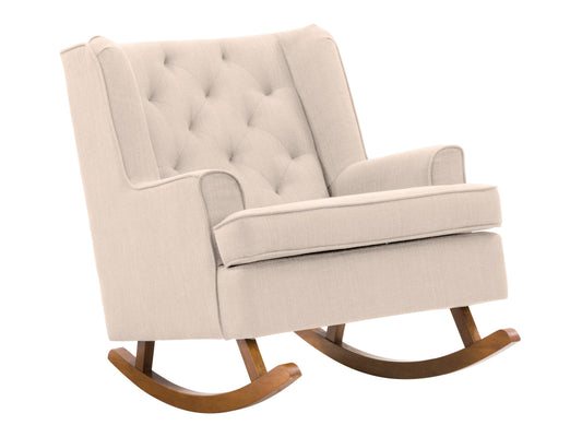 Beige rocking chair with a curved wooden frame, cushioned seat, and backrest, featuring soft fabric upholstery and ergonomic design, perfect for living rooms and nurseries.