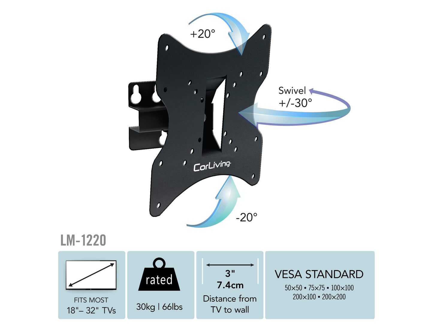 Adjustable 32-inch TV wall mount with tilt and swivel features, suitable for 18 to 32-inch TVs, black steel construction, VESA compatible, easy installation, space-saving design for living rooms and bedrooms.