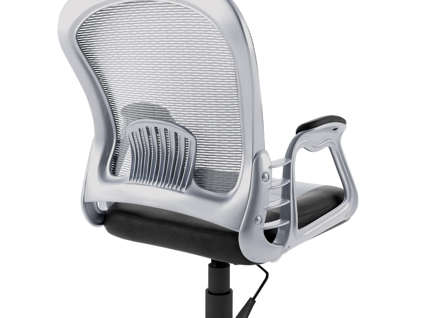 Ergonomic black and gray swivel office chair with mesh backrest, cushioned seat, adjustable armrests, and five-wheel base for mobility.