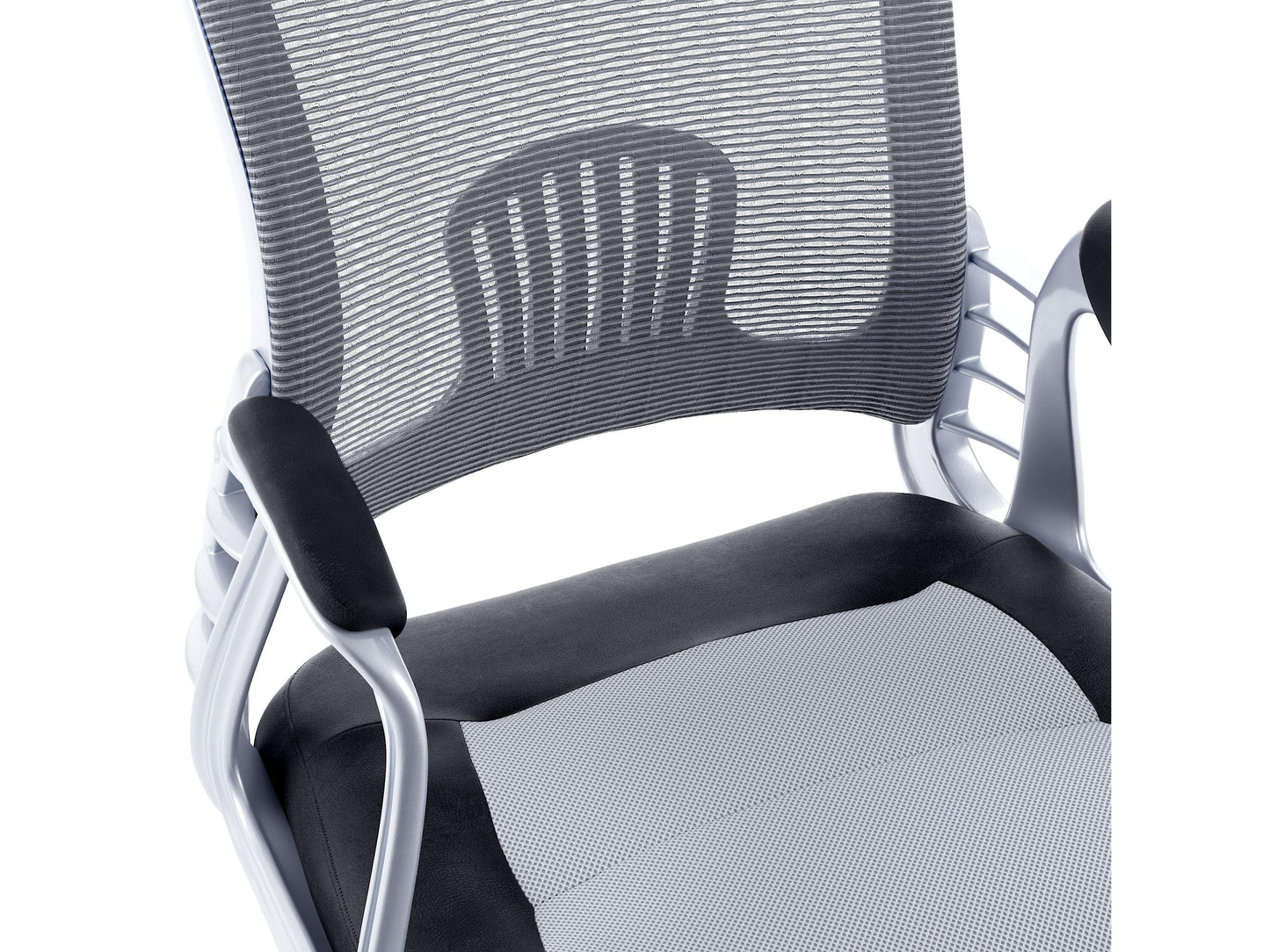 Modern swivel office chair with grey fabric upholstery, ergonomic design, black metal base, and adjustable height lever. Ideal for home offices, providing comfort and style in a contemporary workspace.