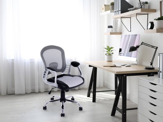 Ergonomic grey swivel office chair with cushioned seat, adjustable height, mesh backrest, and sturdy armrests, perfect for home or office use.