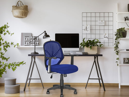 Blue mesh office chair with ergonomic design, adjustable armrests, lumbar support, and a swivel base. Ideal for home or office use, providing comfort and breathability with a modern aesthetic.