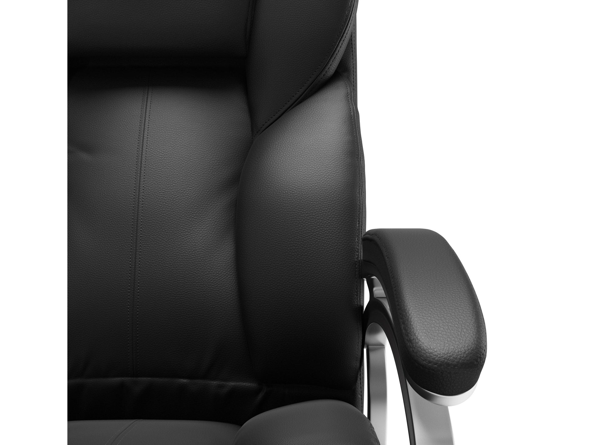 Ergonomic black leather executive office chair with padded armrests, high back support, adjustable height, and swivel base, ideal for home or corporate office setups.