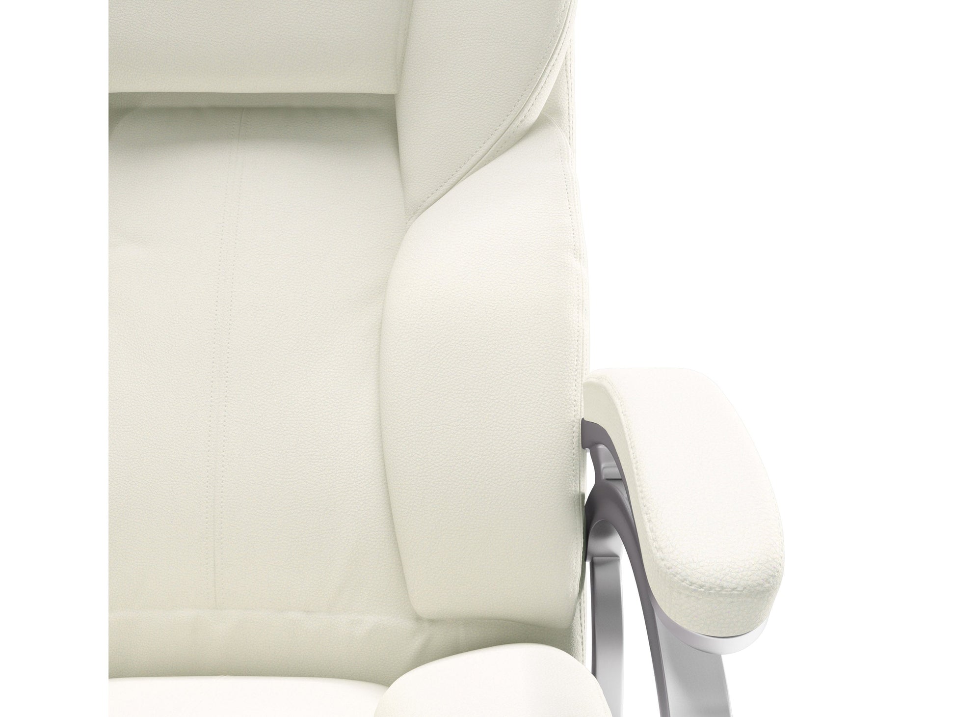White executive office chair with ergonomic design, high backrest, padded armrests, and adjustable height. Features smooth leather upholstery, chrome base, and 360-degree swivel. Ideal for modern office settings.
