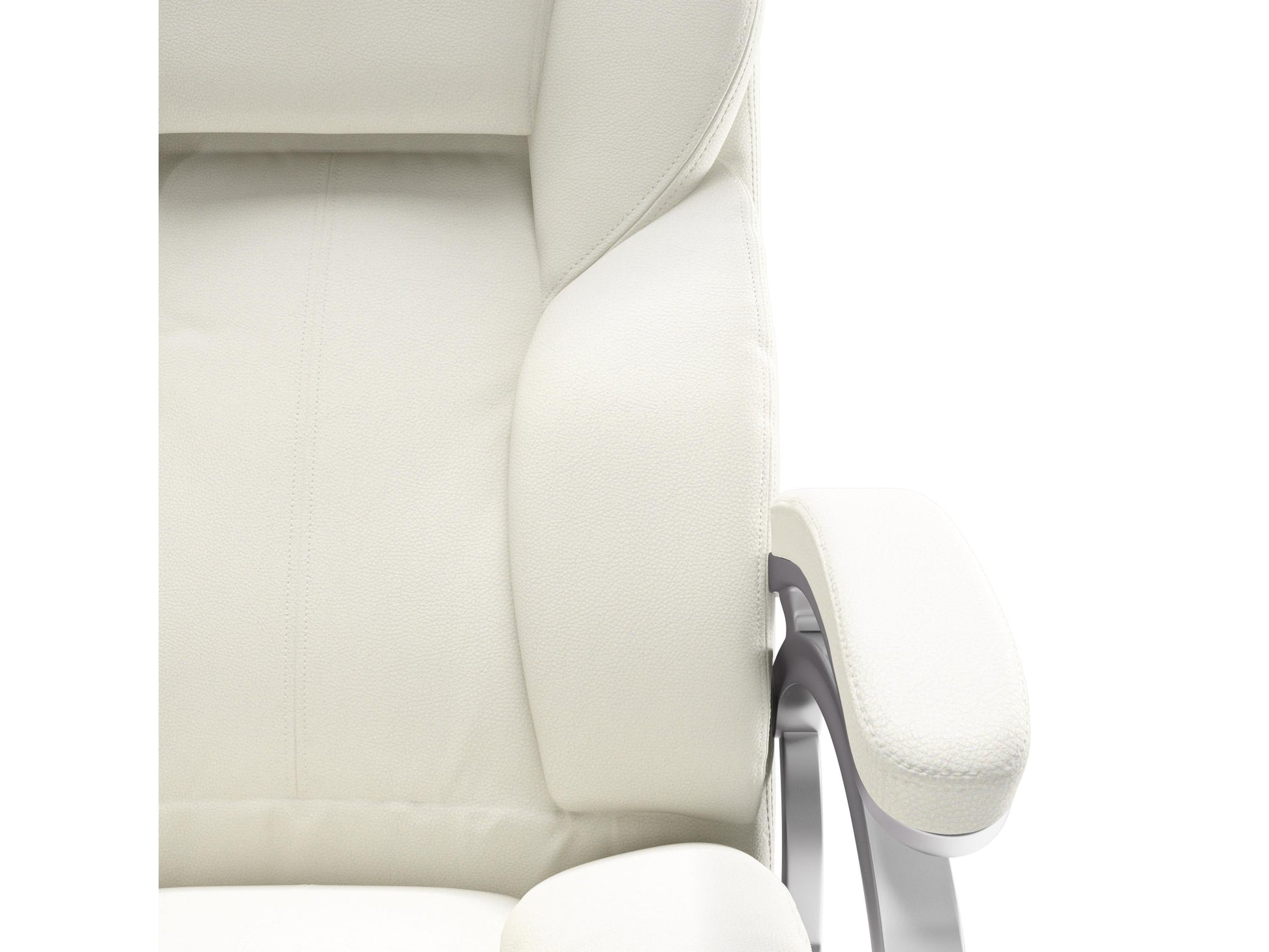 White executive office chair with ergonomic design, high backrest, padded armrests, and adjustable height. Features smooth leather upholstery, chrome base, and 360-degree swivel. Ideal for modern office settings.