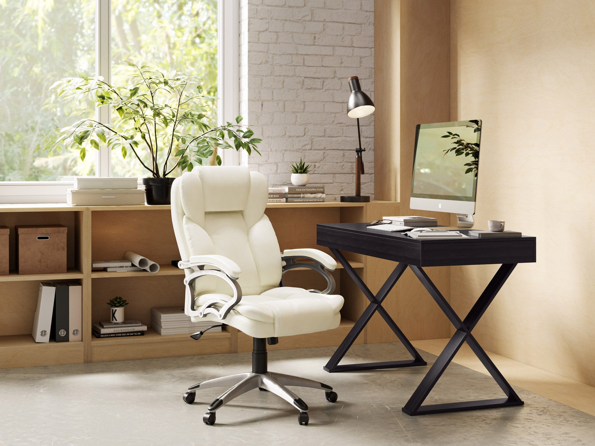 White executive office chair with ergonomic design, high backrest, padded armrests, and adjustable height. Features smooth leather upholstery, chrome base, and 360-degree swivel. Ideal for modern office settings.