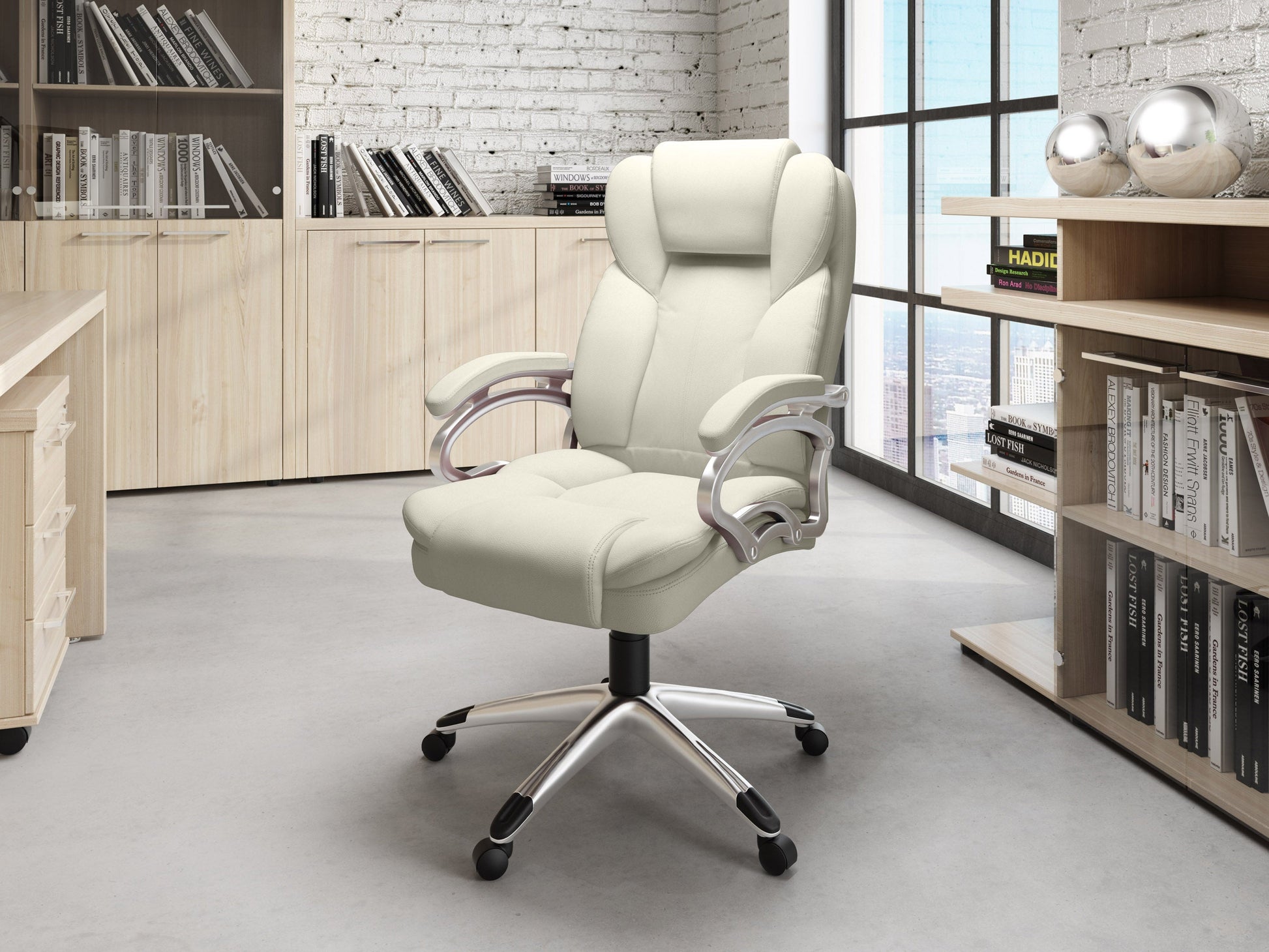 White executive office chair with ergonomic design, high backrest, padded armrests, and adjustable height. Features smooth leather upholstery, chrome base, and 360-degree swivel. Ideal for modern office settings.