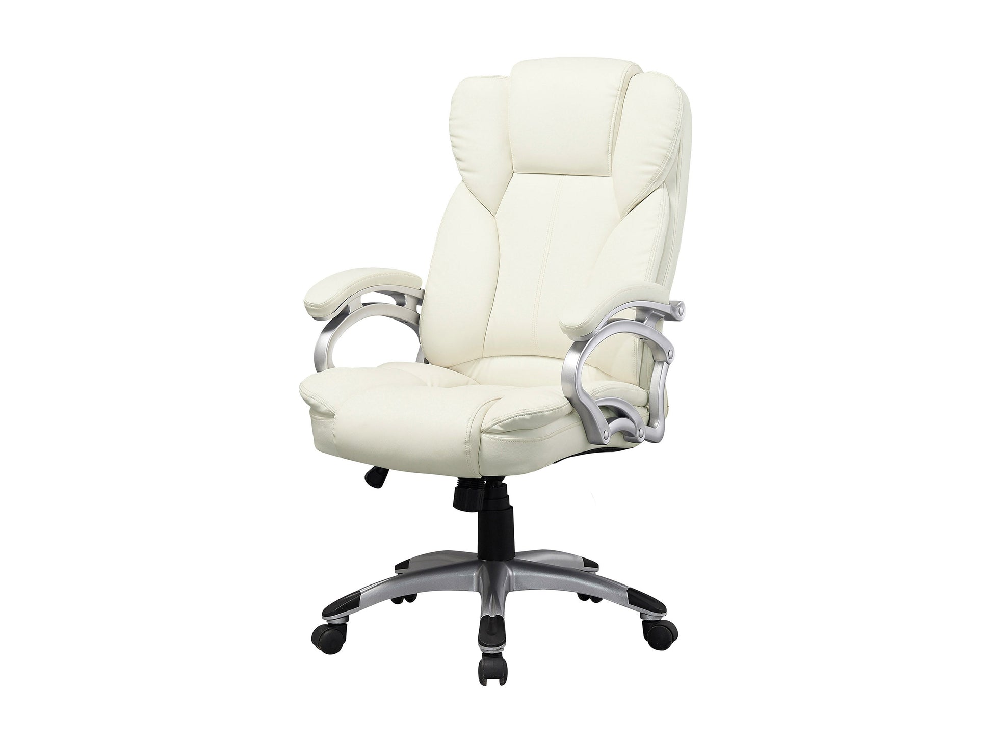 White executive office chair with ergonomic design, high backrest, padded armrests, and adjustable height. Features smooth leather upholstery, chrome base, and 360-degree swivel. Ideal for modern office settings.