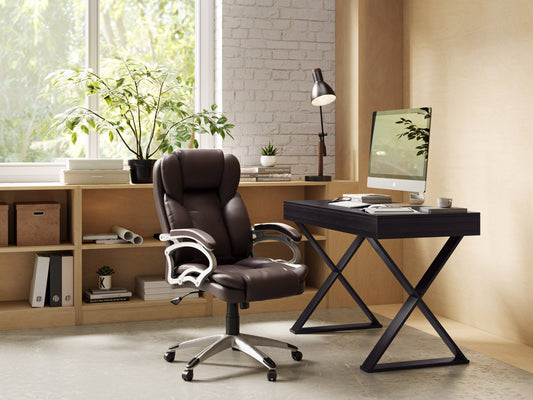 Ergonomic executive office chair in espresso brown leather with high back, adjustable armrests, and chrome base. Features plush cushioning, lumbar support, and 360-degree swivel for enhanced comfort and productivity.