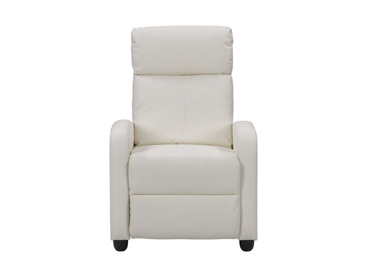 White push back recliner with plush cushioning, sleek white leather upholstery, and a modern design. Features smooth push-back reclining mechanism and sturdy wooden legs. Ideal for contemporary living rooms.