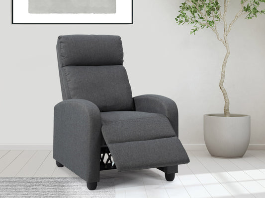 Dark grey push back recliner with plush cushioning, sleek armrests, and durable fabric upholstery. Ideal for living rooms, this comfortable and stylish chair features a reclining mechanism for ultimate relaxation.