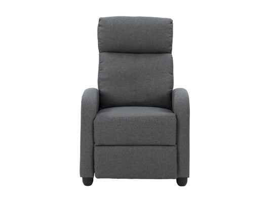 Dark grey push back recliner with plush cushioning, sleek armrests, and durable fabric upholstery. Ideal for living rooms, this comfortable and stylish chair features a reclining mechanism for ultimate relaxation.