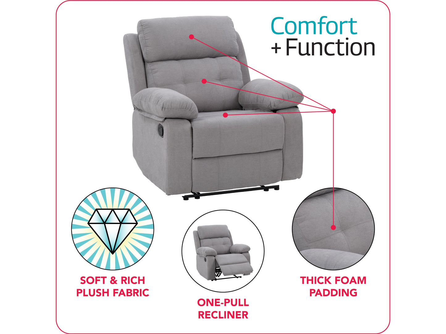 Extra wide light grey recliner with plush fabric, padded armrests, and a smooth reclining mechanism, perfect for living room comfort and relaxation.