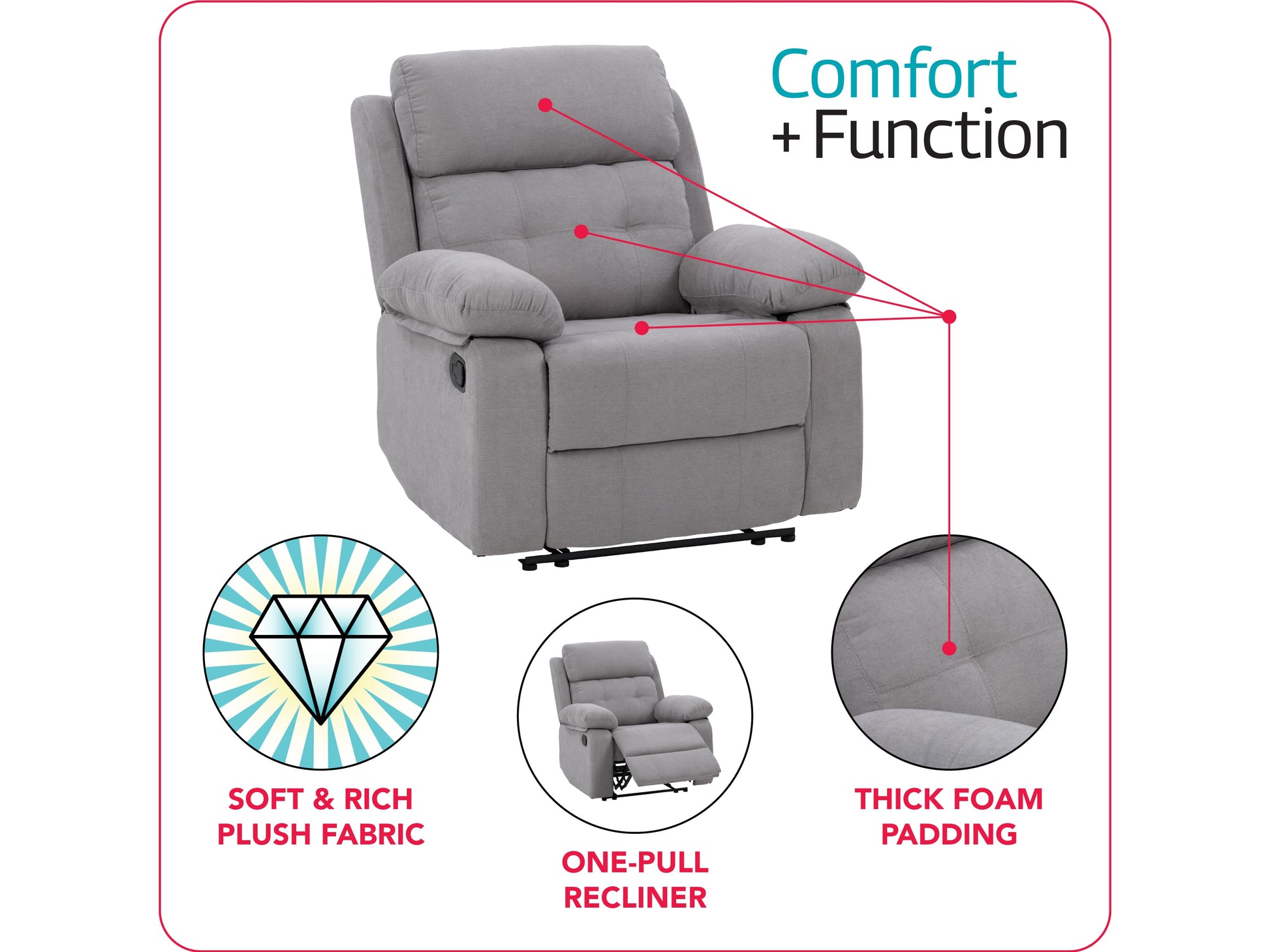 Extra wide light grey recliner with plush fabric, padded armrests, and a smooth reclining mechanism, perfect for living room comfort and relaxation.