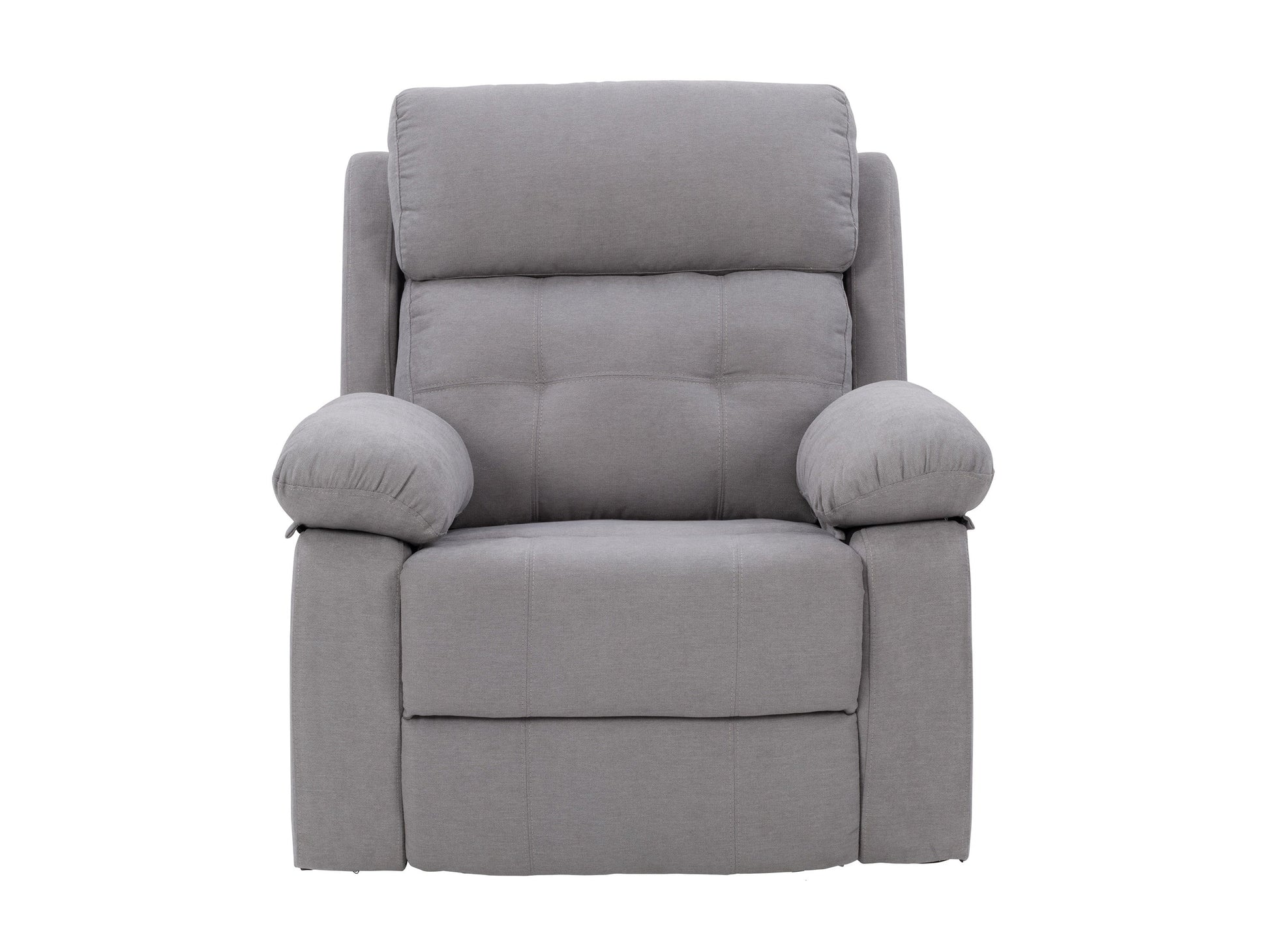 Extra wide light grey recliner with plush fabric, padded armrests, and a smooth reclining mechanism, perfect for living room comfort and relaxation.