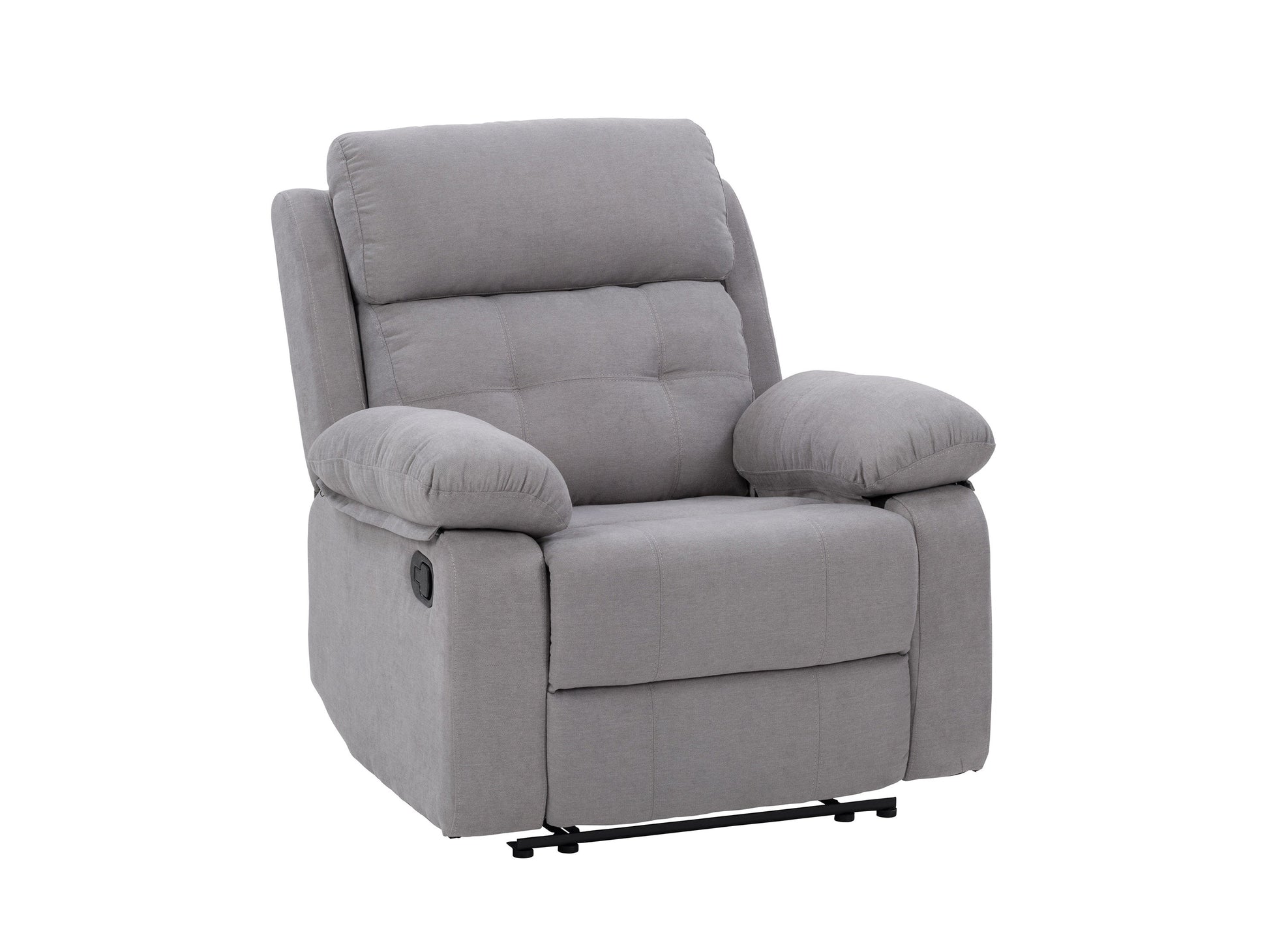 Extra wide light grey recliner with plush fabric, padded armrests, and a smooth reclining mechanism, perfect for living room comfort and relaxation.
